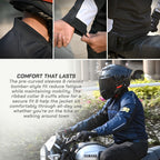 color_common Motorcycle jacket and helmet with text describing comfort and fit, featuring a Yamaha motorcycle.