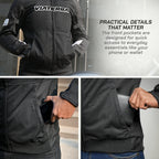 color_common Black jacket with front pockets featuring Viaterra branding, showing practical details.
