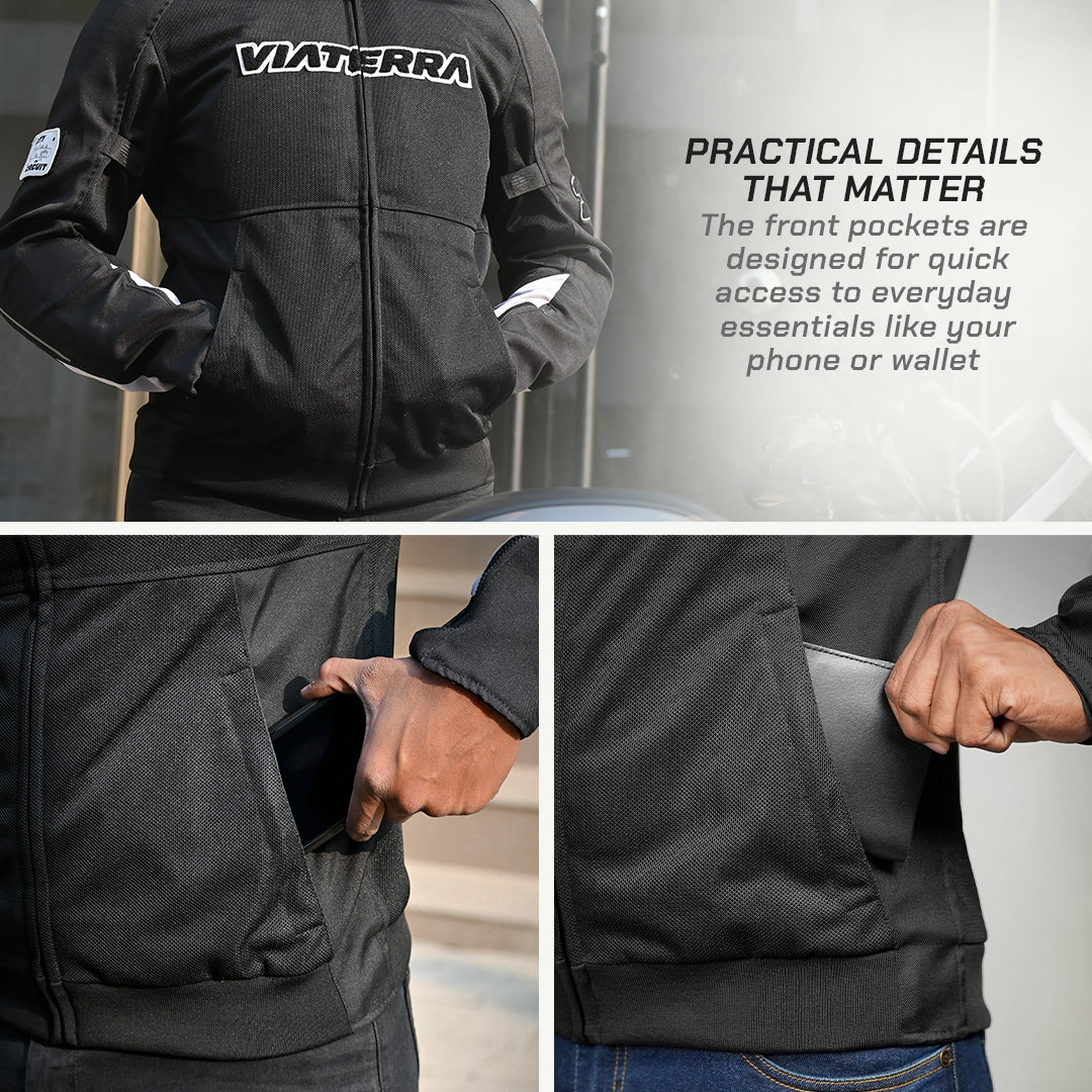 color_common Black jacket with front pockets featuring Viaterra branding, showing practical details.