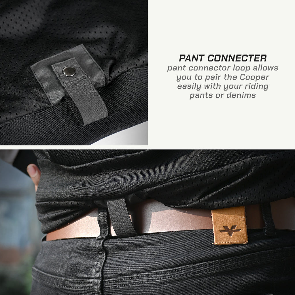 color_common Pant connector loop on a jacket with text explaining its use, followed by a close-up of the connector in action on pants.