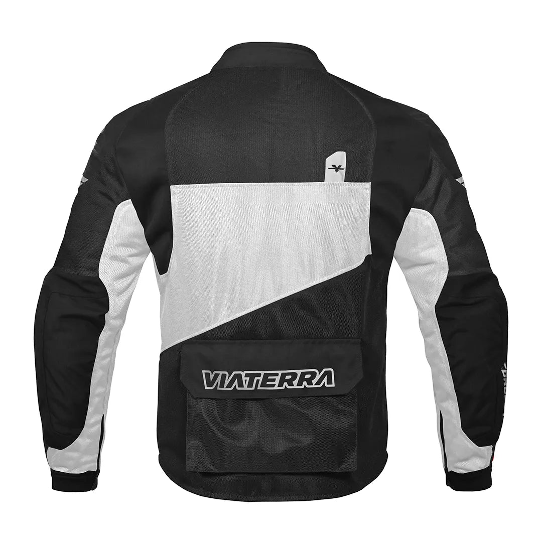 Black and white jacket with 'Viaterra' branding on a white background