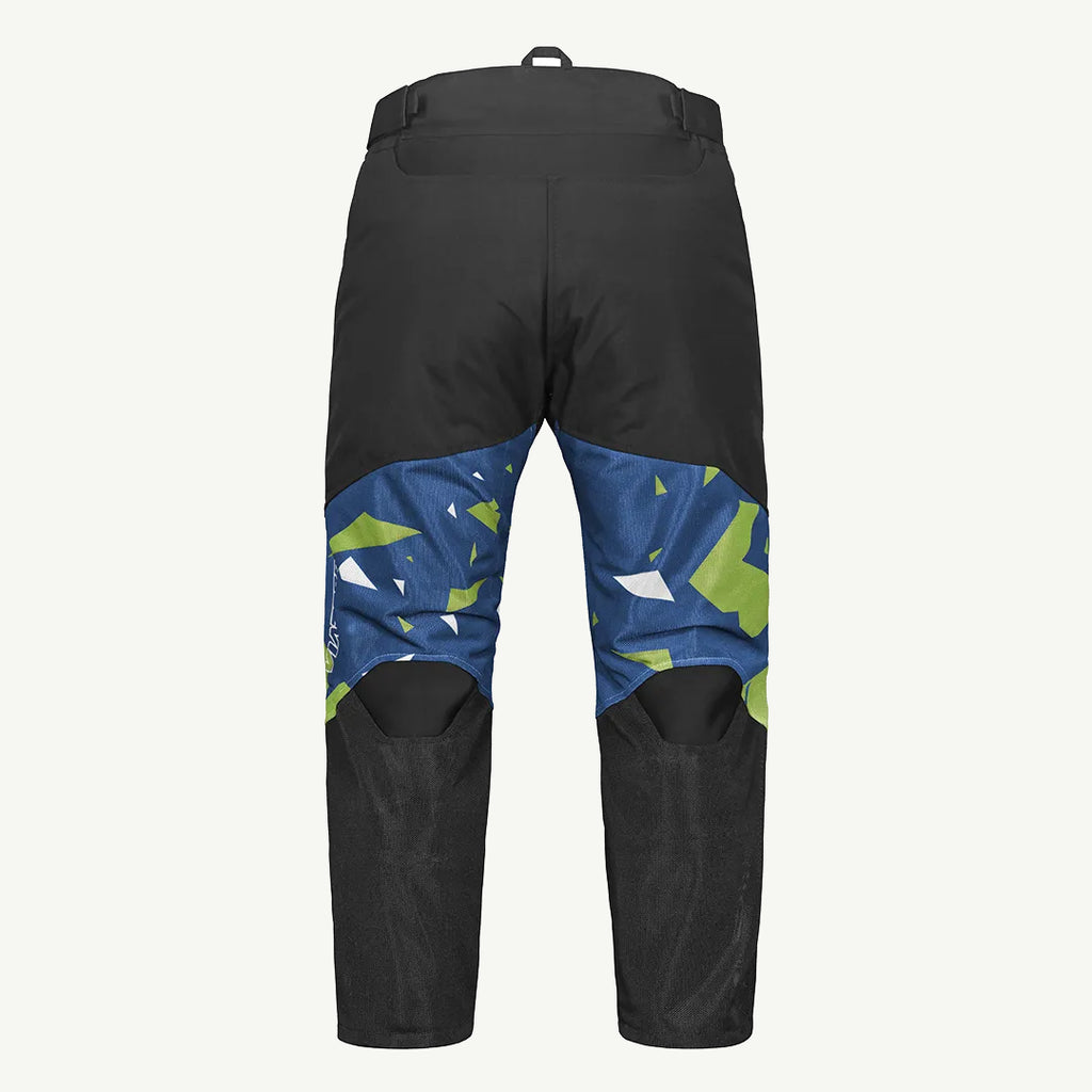 color_common Black pants with blue and green pattern on a white background