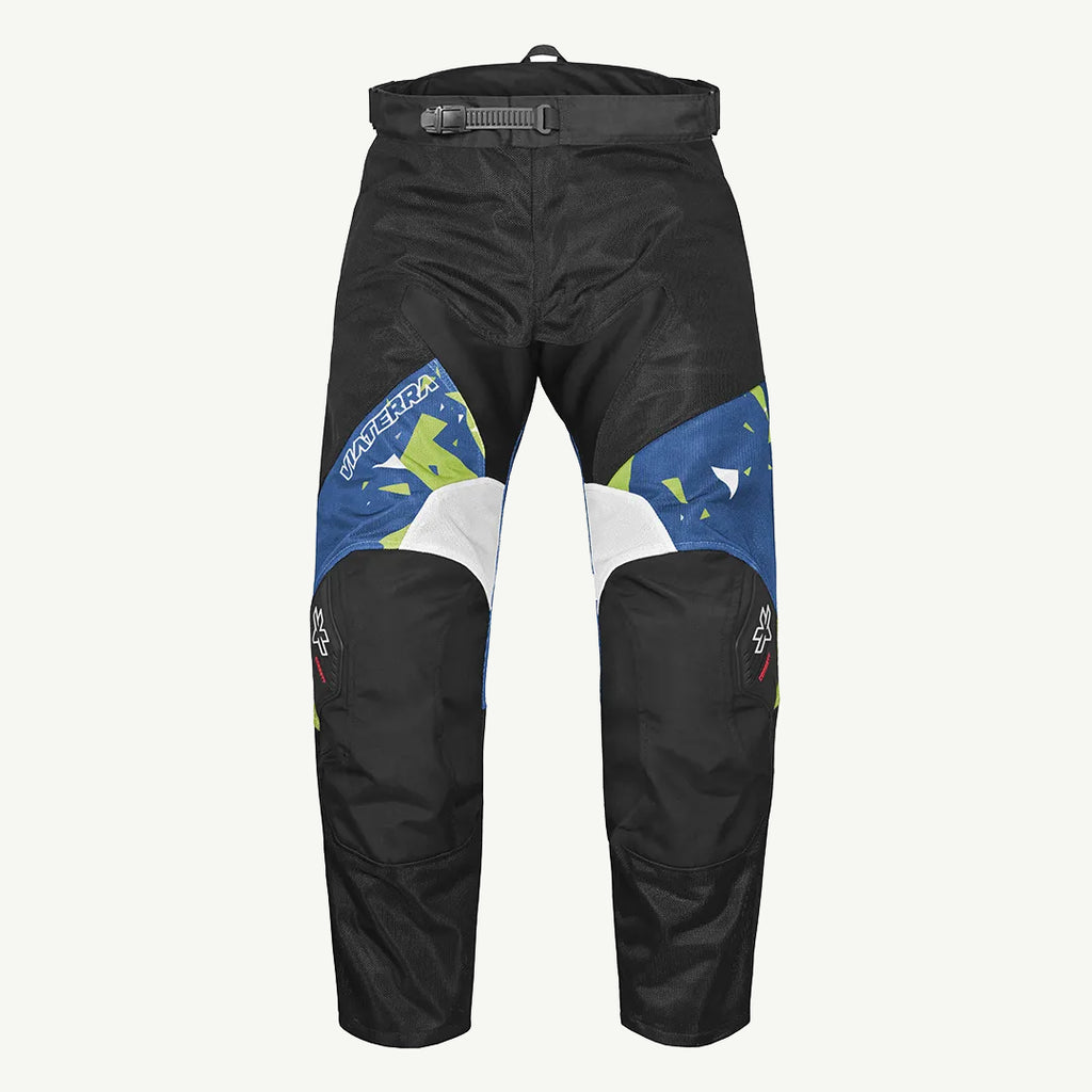 color_common Black motocross pants with colorful pattern on a white background