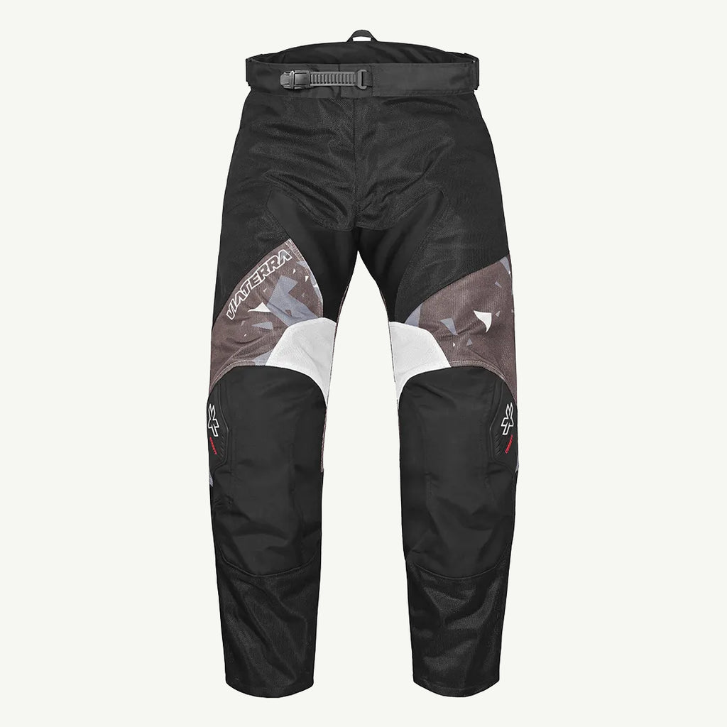 color_common Black motocross pants with patterned inserts on a white background