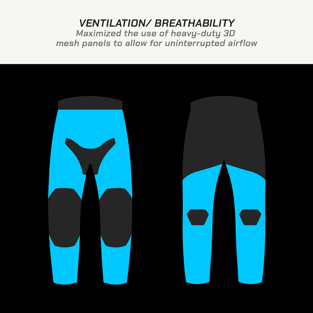 color_common Blue and black pants with mesh panels for ventilation on a black background