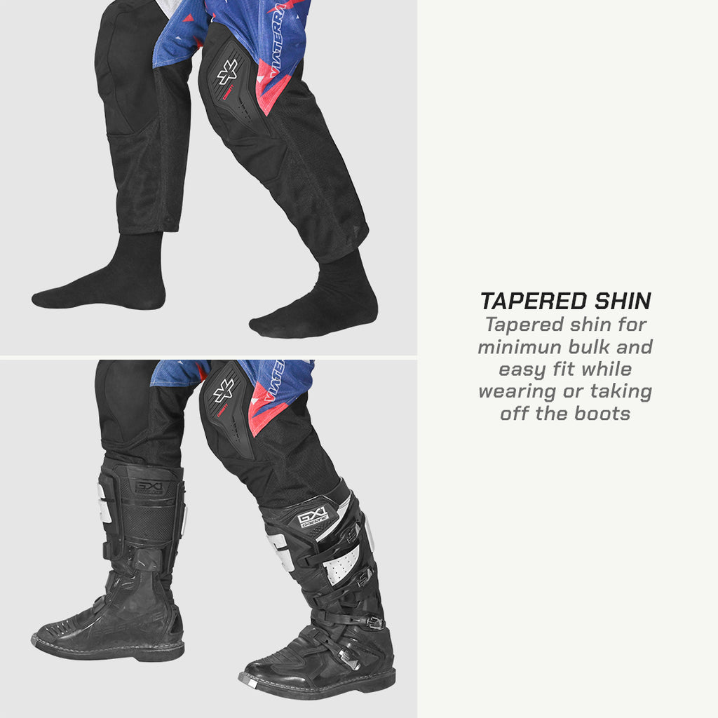 color_common Motorcycle boots and pants with text highlighting tapered shin design on a white background
