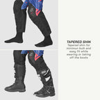 color_common Motorcycle boots and pants with text highlighting tapered shin design on a white background