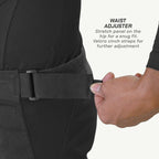 color_common Person adjusting a waist cinch strap on black pants with text explaining the feature.