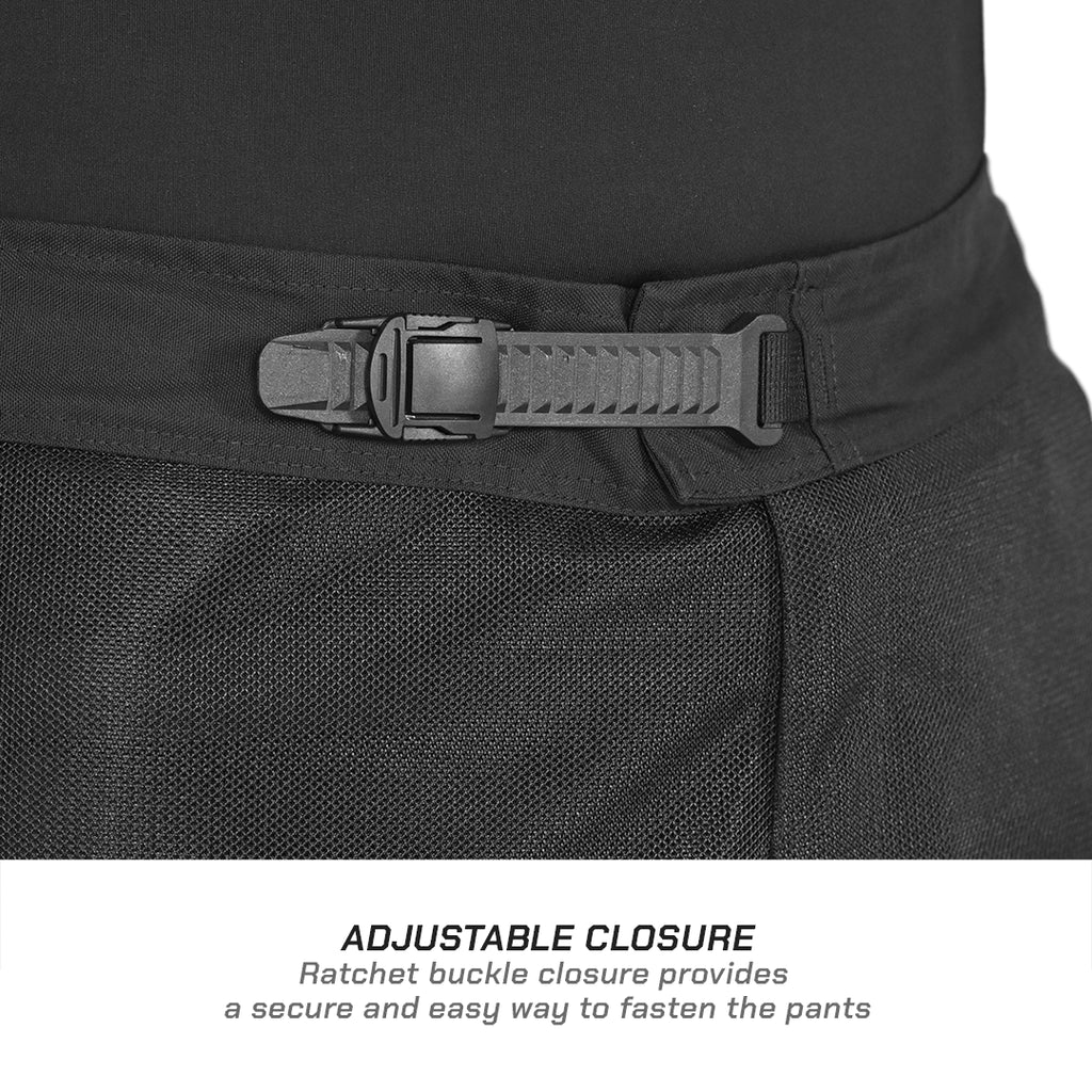 color_common Black pants with an adjustable ratchet buckle closure on a black background