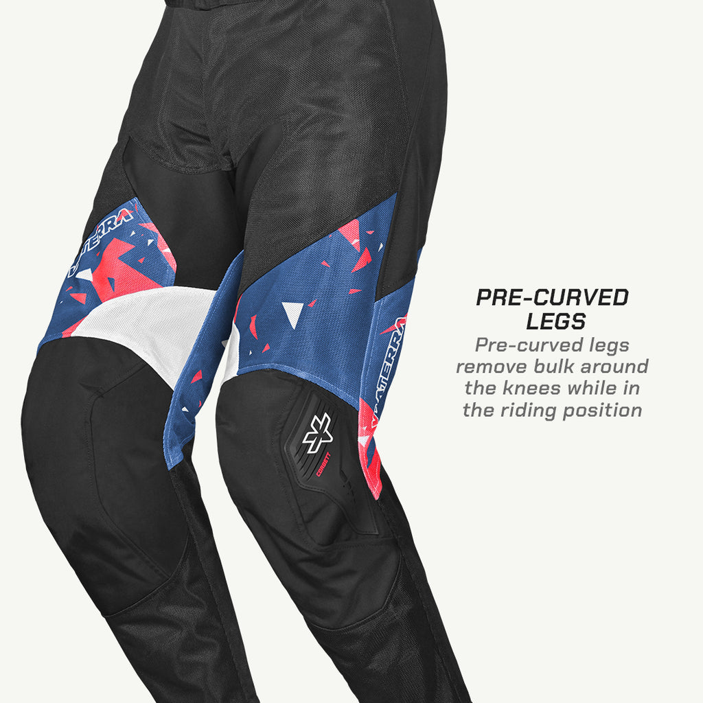 color_common Black motorcycle pants with blue and red accents on a white background