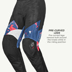 color_common Black motorcycle pants with blue and red accents on a white background