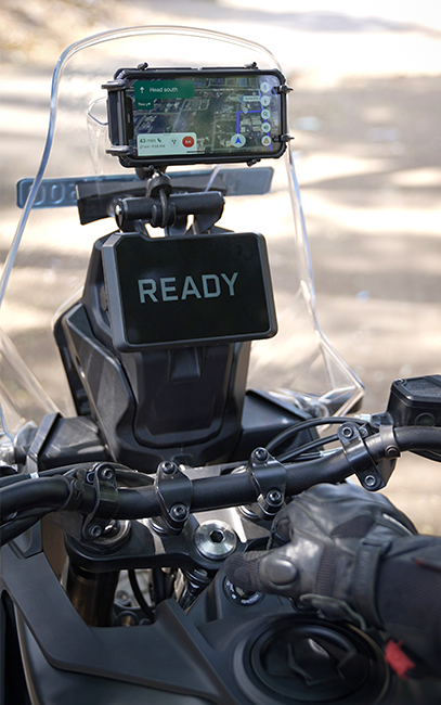 Designed for - KTM Adventure 390 Gen 2Motorcycle handlebar with a smartphone mounted on a stand, displaying 'READY' and a GPS app.