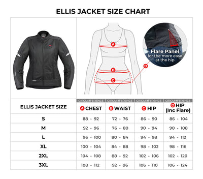  ellis – women's street mesh riding jacket size chart