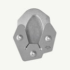A metallic gray aluminum climbing hook with three silver screws and a small logo engraved on the side, shown on a light off-white background.