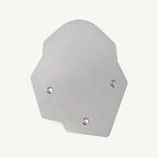 A silver metal shield plate with a flat, matte finish and three pre-drilled screw holes, shown on a light off-white background.