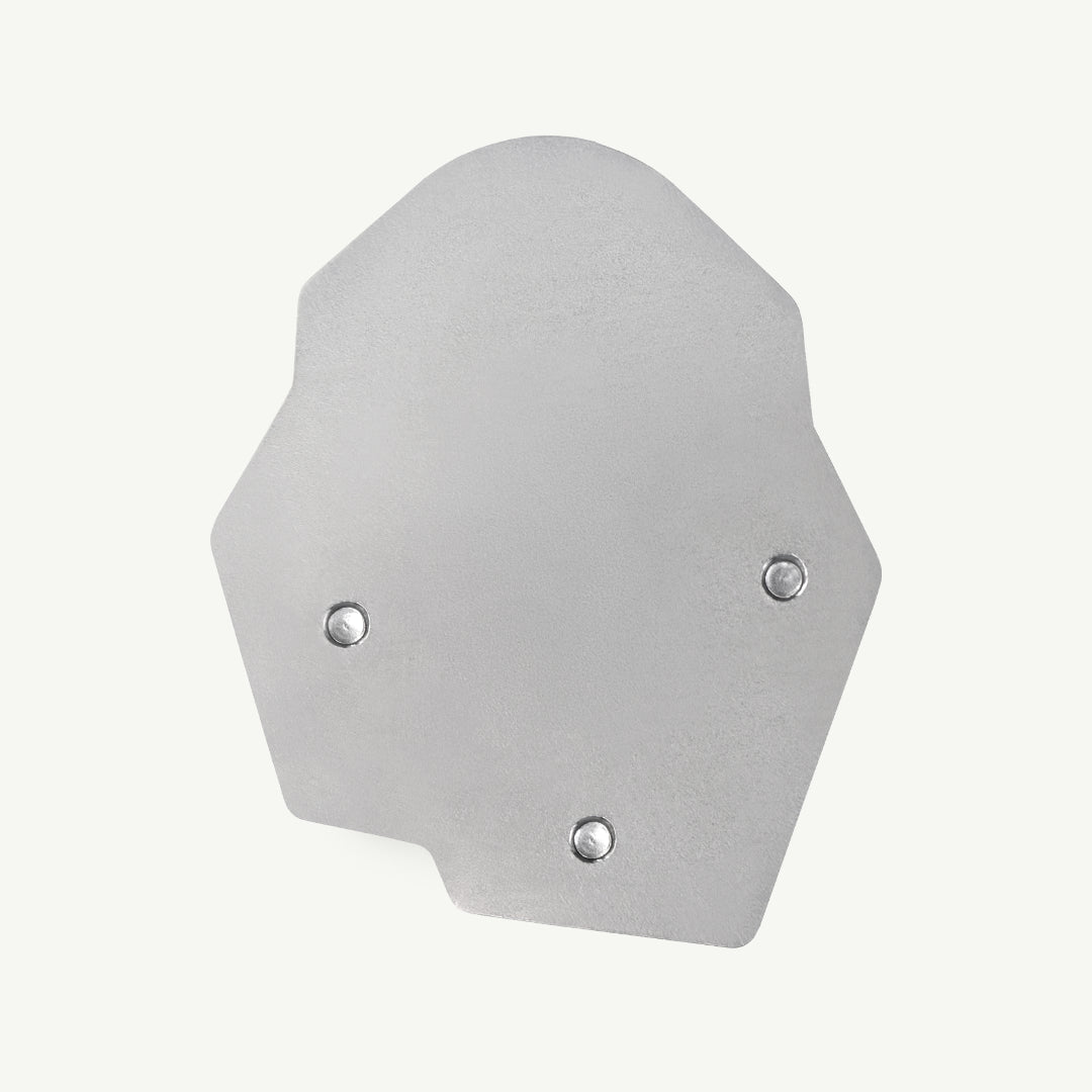 A silver metal shield plate with a flat, matte finish and three pre-drilled screw holes, shown on a light off-white background.