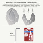 Metal mounting hardware kit on a light gray background, including two silver bracket pieces, three stainless steel bolts with washers, a black Allen key, and a Loctite 243 threadlocker package.