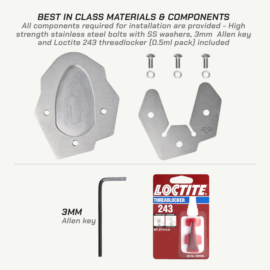 Metal mounting hardware kit on a light gray background, including two silver bracket pieces, three stainless steel bolts with washers, a black Allen key, and a Loctite 243 threadlocker package.