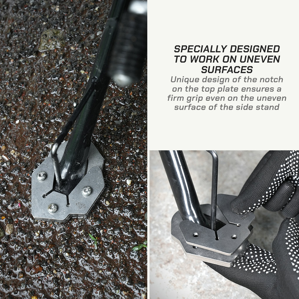 A metal ground anchor with a hexagonal base and angled prongs is shown outdoors on wet pavement, with a second view of a gloved hand inserting a tool into the anchor. Text on the right explains that the design is specially designed to work on uneven surfaces.