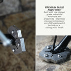 Close-up of a metal clamp-like tool component on the left and a wider view of a black rod inserted into a machined metal base on the right, with text describing premium stainless steel construction and CNC-machined finish.