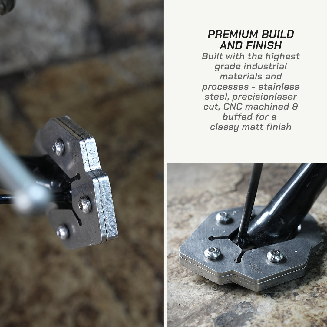 Close-up of a metal clamp-like tool component on the left and a wider view of a black rod inserted into a machined metal base on the right, with text describing premium stainless steel construction and CNC-machined finish.