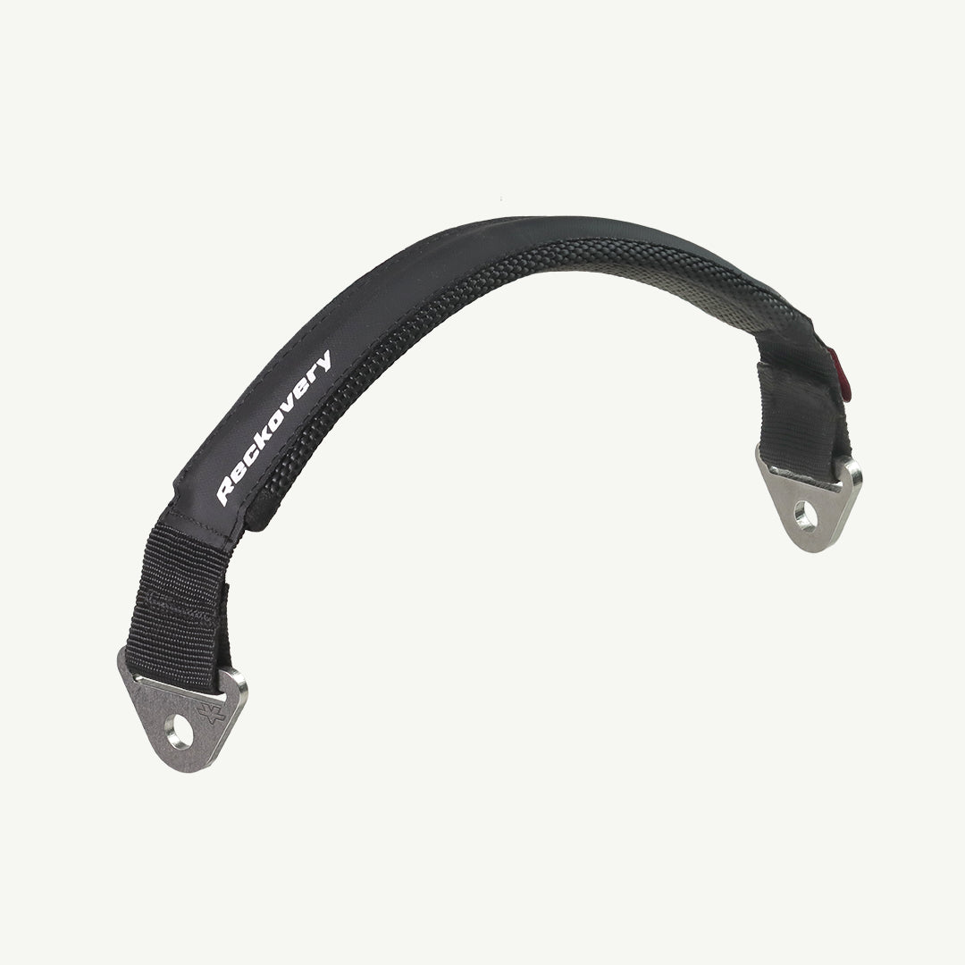 color_black A black padded recovery handlebar with silver metal mounting brackets and the 'recovery' brand name printed in white on the left side, shown against a light off-white background.