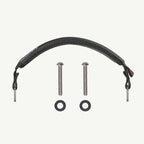 color_black A black textured head strap with two silver metal screws, two black washers, and a small red tab, displayed on a light off-white background.