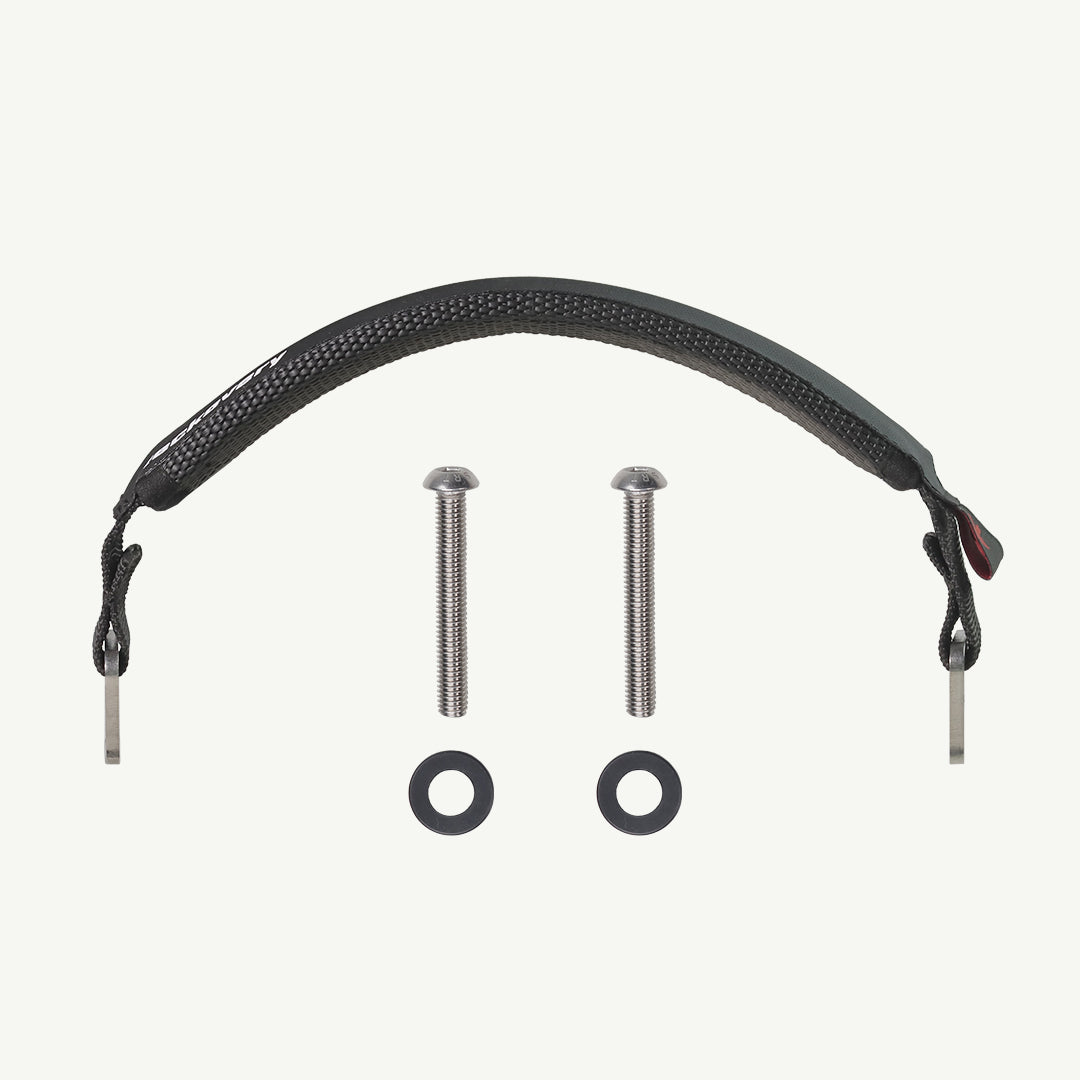color_black A black textured head strap with two silver metal screws, two black washers, and a small red tab, displayed on a light off-white background.