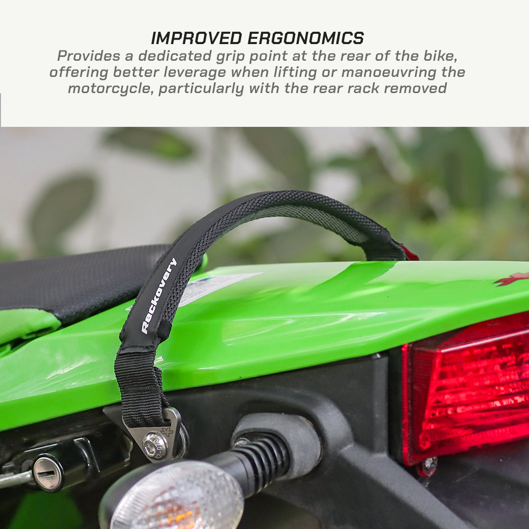color_black A black Reconry motorcycle rear rack strap attached to a bright green motorcycle, with a text banner at the top explaining improved ergonomics.