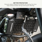 color_black Close-up of a black VITERRA motorcycle engine filter mounted on a bike, with text at the top reading 'BETTER PROTECTION' and a description about protecting cooling fins during motorcycle cleaning.