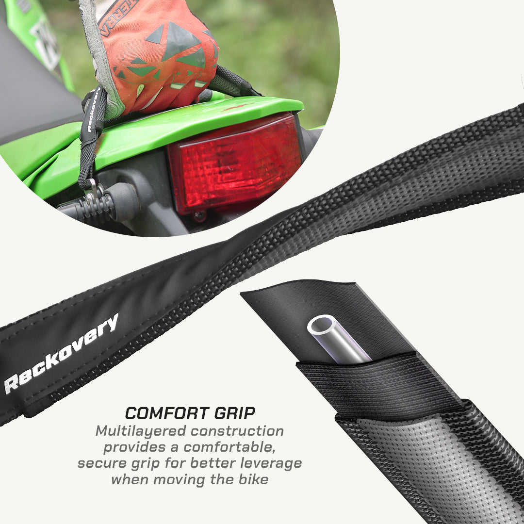 color_black Black Rackovery bicycle handlebar grip strap with a textured grip and adjustable strap, shown with a close-up of the loop holding a metal tube and a circular inset showing the strap attached to a green bike.
