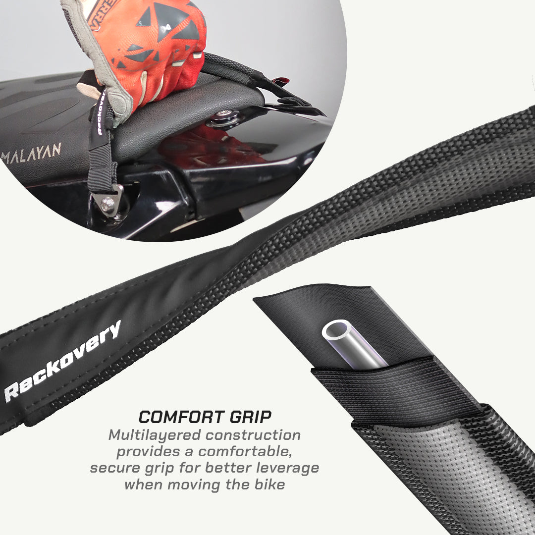 color_black Black Rackovery bicycle comfort grip strap with a close-up of the textured grip section and a circular inset showing the strap attached to a bike saddle.