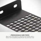 color_black Close-up of a black metal bracket or plate with a perforated cutout pattern and two mounting holes, shown on a white background with text below reading 'PREMIUM BUILD AND FINISH'.