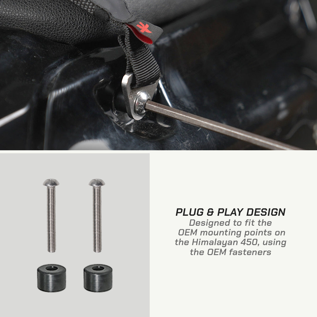 color_black Close-up of a motorcycle seat strap being adjusted with a screwdriver, with two metal mounting bolts and two black rubber pads shown below, plus text reading 'PLUG & PLAY DESIGN' and 'Designed to fit the OEM mounting points on the Himalayan 450, using the OEM fasteners'.