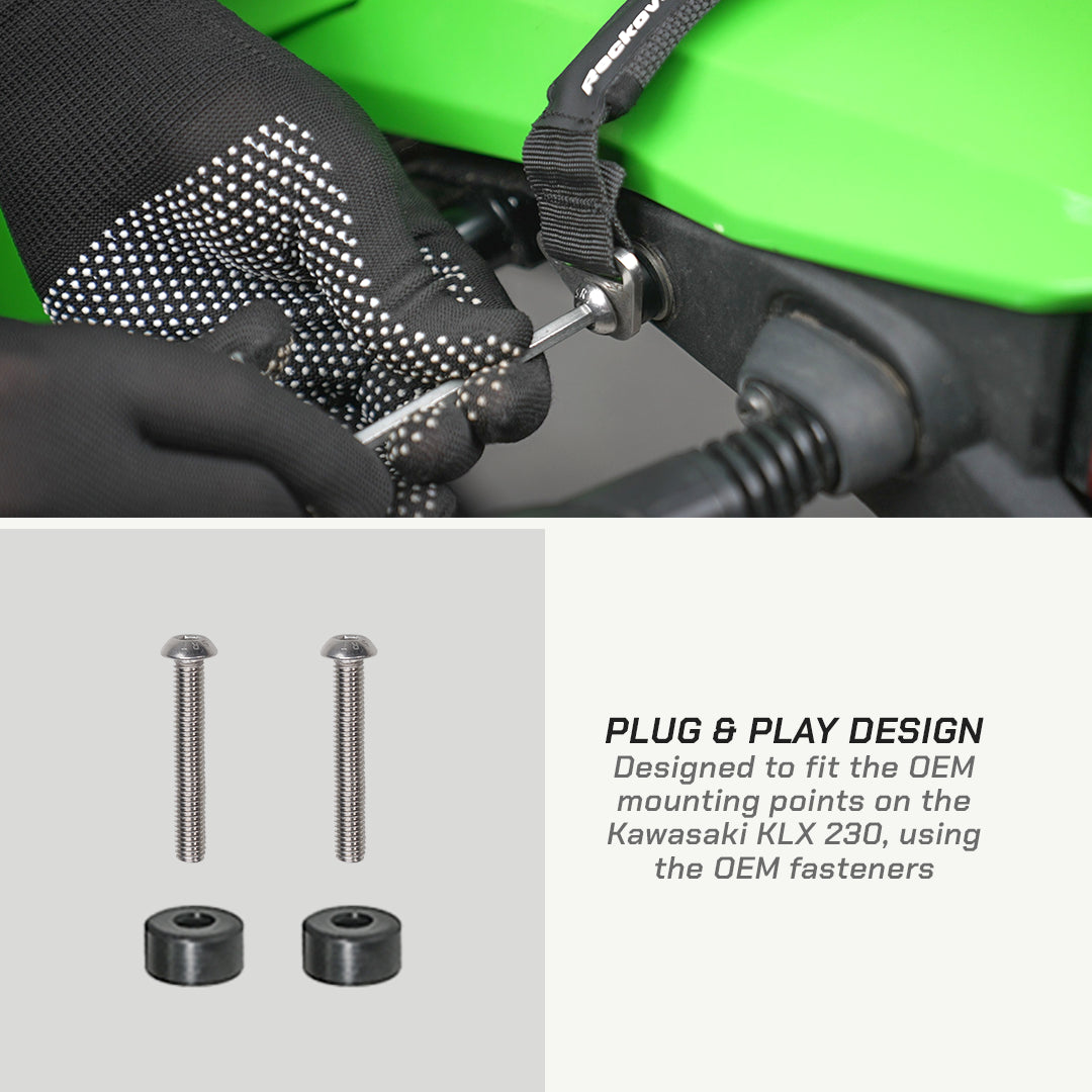 color_black A close-up of gloved hands installing a black strap onto a bright green machine component, with two silver mounting screws and two black rubber pads shown below on a light gray panel. Text reads 'PLUG & PLAY DESIGN' and mentions fitting the Kawasaki KLX 230 using OEM fasteners.