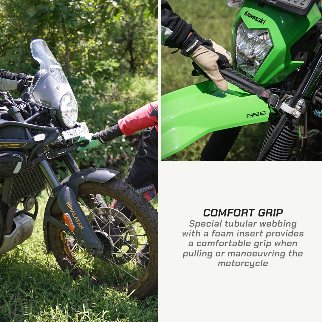 color_black A split promotional image showing a motorcycle in an outdoor grassy setting and a close-up of a hand gripping the front fender with a black foam grip insert. Text on the right reads 'COMFORT GRIP' with a description of the foam insert.