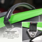 color_black A close-up of a black Recovery branded strap or handle wrapped around a bright green object, with a small inset showing a metal buckle detail. Text on the image reads 'PREMIUM BUILD AND FINISH' and describes stainless steel and high-strength materials.