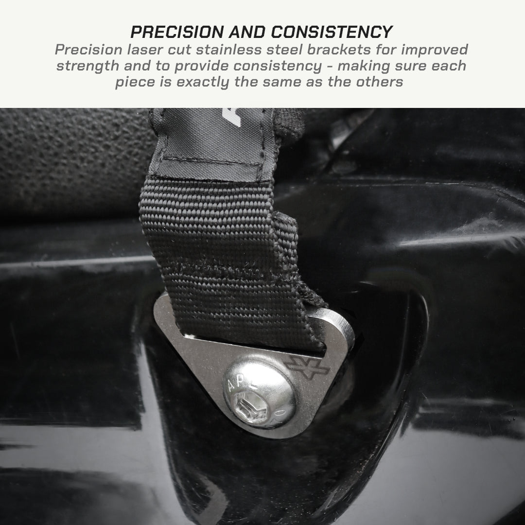 color_black Close-up of a black webbing strap attached to a laser-cut stainless steel bracket on a glossy black surface, with text at the top reading 'PRECISION AND CONSISTENCY'.