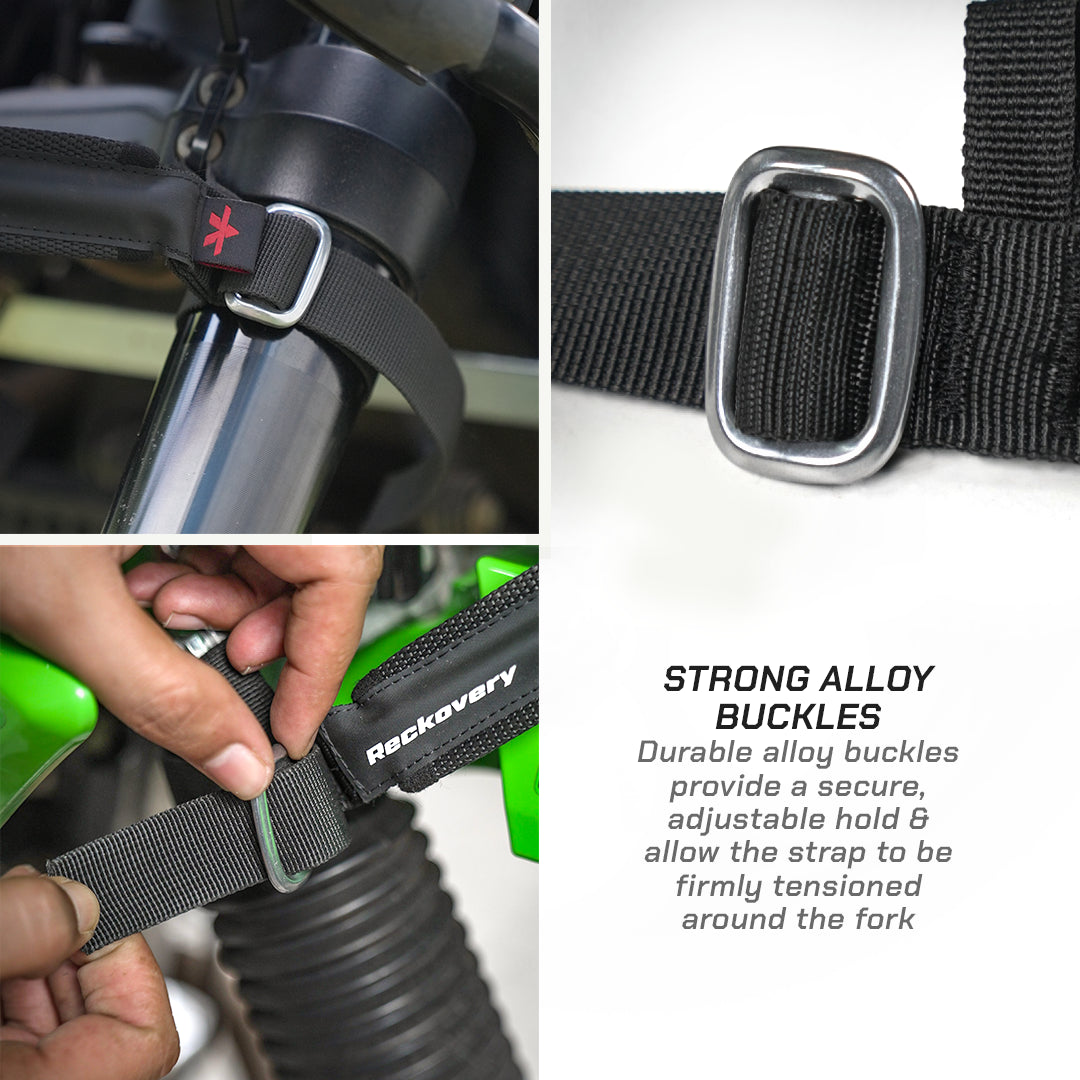 color_black Black adjustable strap with a silver metal buckle, shown mounted on a bicycle fork and being fastened by hands. The image includes close-up views of the buckle and text highlighting strong alloy buckles.