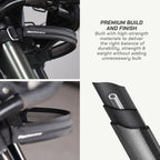 color_black Close-up product detail shot of a black Reckovery bike handlebar strap mounted on a bicycle frame, with text on the right describing premium build and finish.