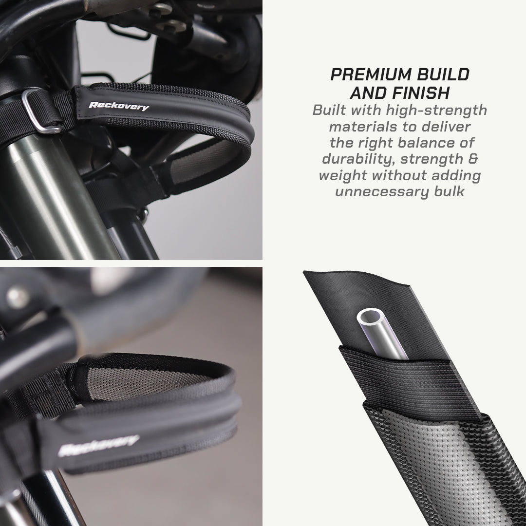 color_black Close-up product detail shot of a black Reckovery bike handlebar strap mounted on a bicycle frame, with text on the right describing premium build and finish.