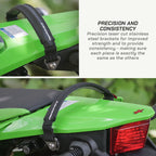 color_black A close-up of a bright green motorcycle or bicycle seat area with a black adjustable strap secured across the seat. The top panel shows the strap attached and includes text reading 'PRECISION AND CONSISTENCY' with a description of laser-cut stainless steel brackets.