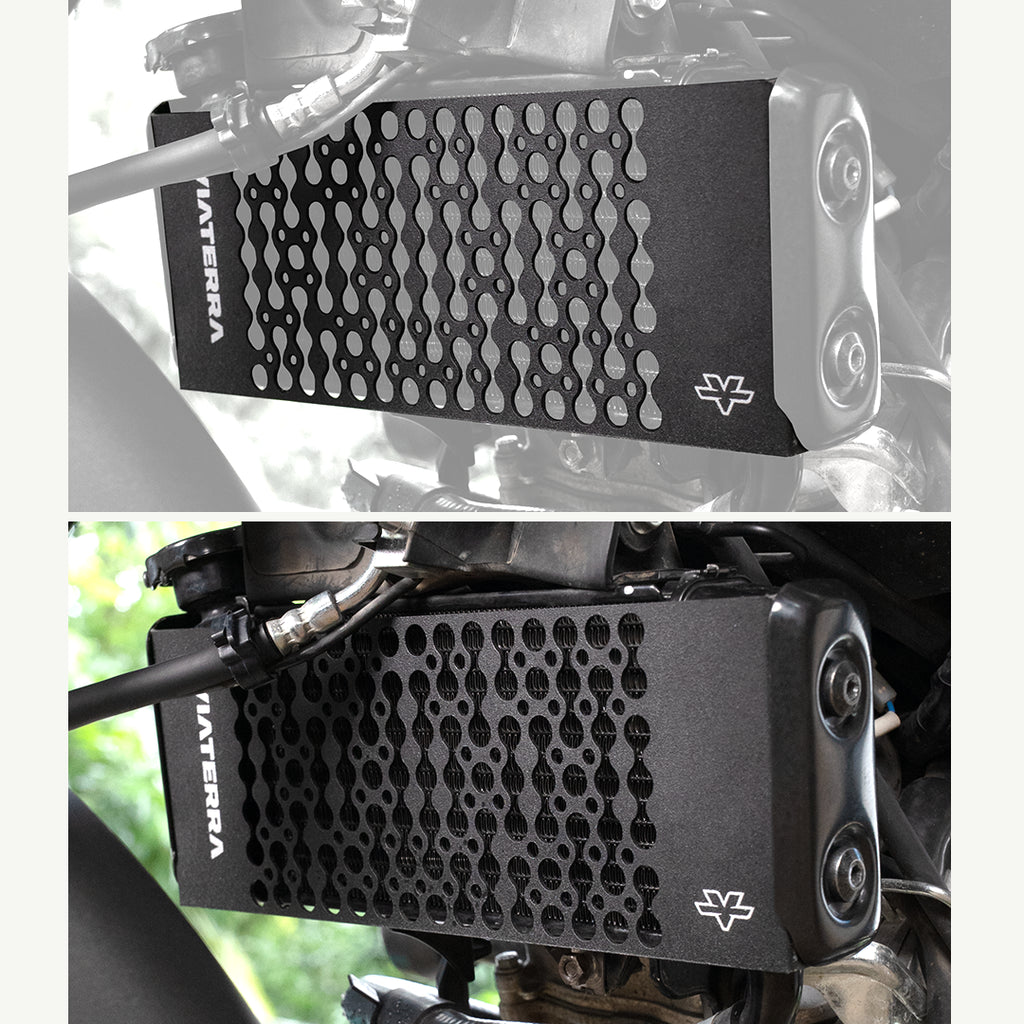 color_black A black metal motorcycle engine cooler guard with a honeycomb patterned front grille, shown installed on a motorcycle in two views: one on a clean studio background and one in an outdoor setting.