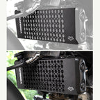 color_black A black metal motorcycle engine cooler guard with a honeycomb patterned front grille, shown installed on a motorcycle in two views: one on a clean studio background and one in an outdoor setting.