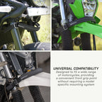color_black A collage showing a black motorcycle front handguard/bracket mounted on three different bikes, with text on the right reading 'UNIVERSAL COMPATIBILITY' and describing its fit for a wide range of motorcycles.