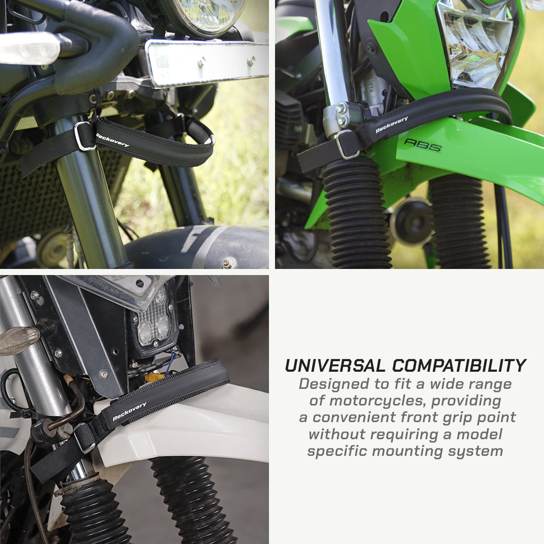 color_black A collage showing a black motorcycle front handguard/bracket mounted on three different bikes, with text on the right reading 'UNIVERSAL COMPATIBILITY' and describing its fit for a wide range of motorcycles.