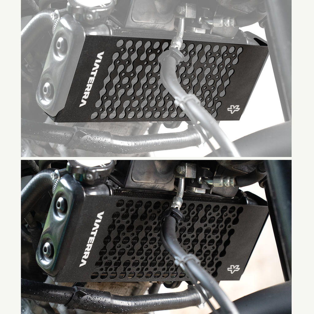 color_black A black metal engine guard with a honeycomb pattern and the brand name 'VIATERA' printed in white, shown installed on a motorcycle engine in a split-screen close-up.