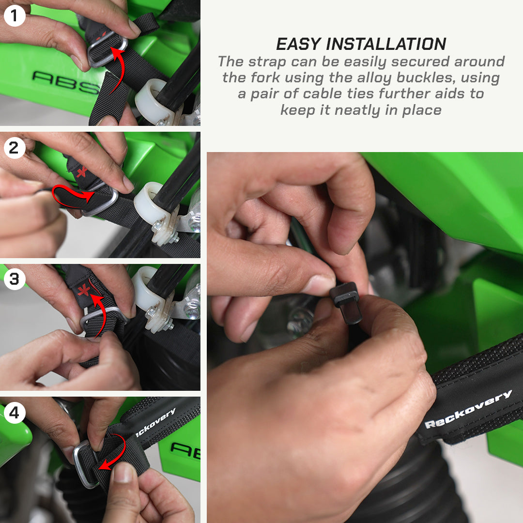 color_black Instructional collage showing how to install a black and green bicycle rack strap around a bike fork, with numbered steps 1-4 on the left and a larger close-up installation view on the right. Text on the right says 'EASY INSTALLATION' and includes the brand name Rackovery on the strap.