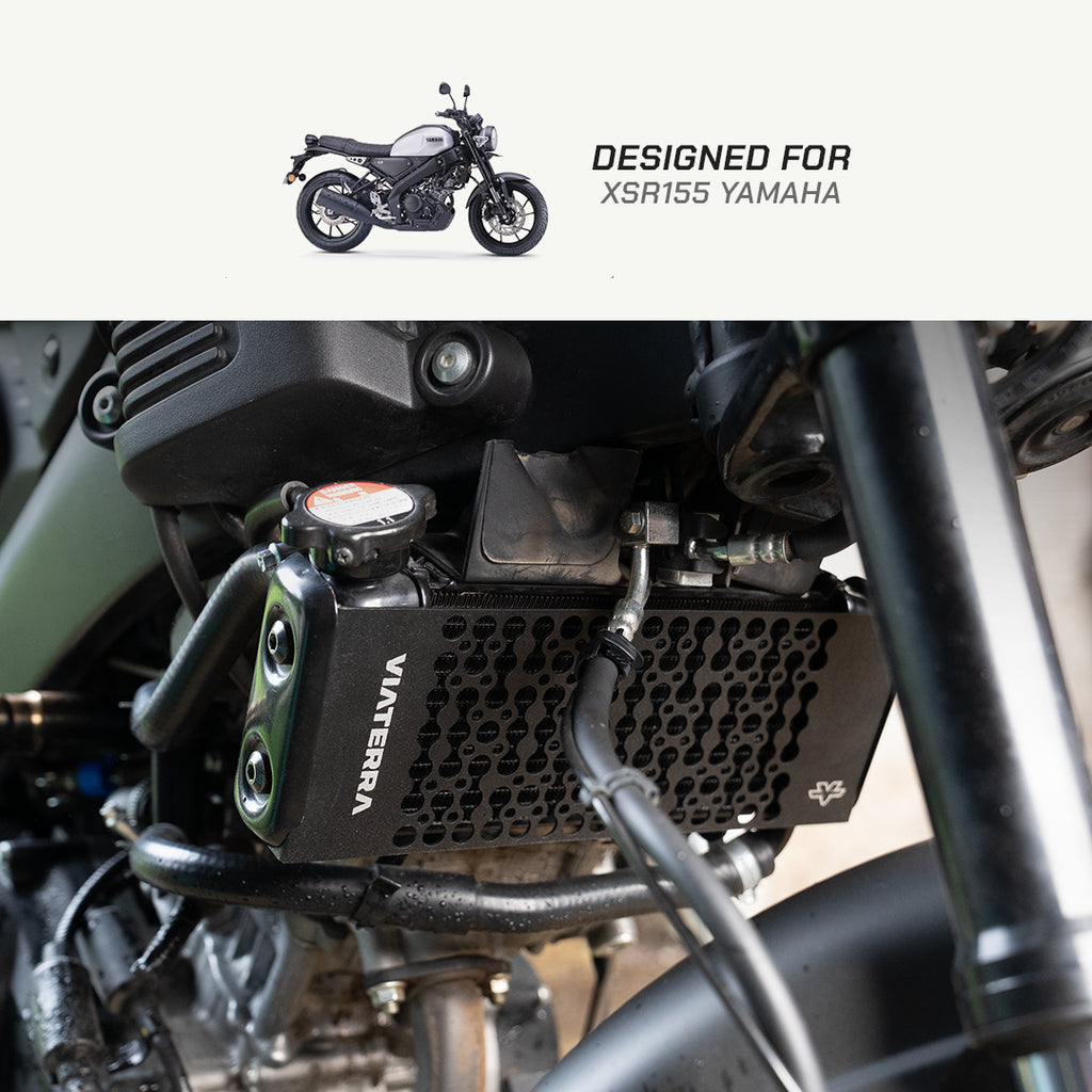 color_black A close-up of a motorcycle engine area showing a black VVEXTERA radiator guard, with a top banner reading 'DESIGNED FOR XSR155 YAMAHA' and a small motorcycle illustration.
