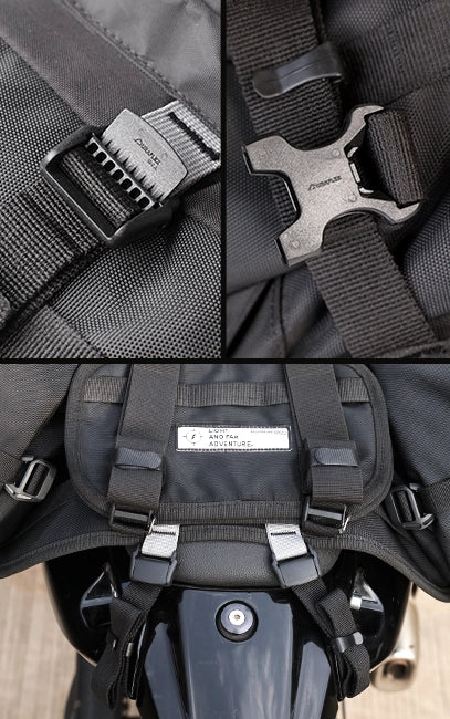 Genuine Duraflex Hardware Close-up of a backpack's straps and hardware with visible brand name.
